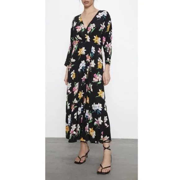 Zara Dresses & Skirts - NWT ZARA Black Multi Floral V-Neck Long‎ Maxi Comfy Cool Dress XS X-Small